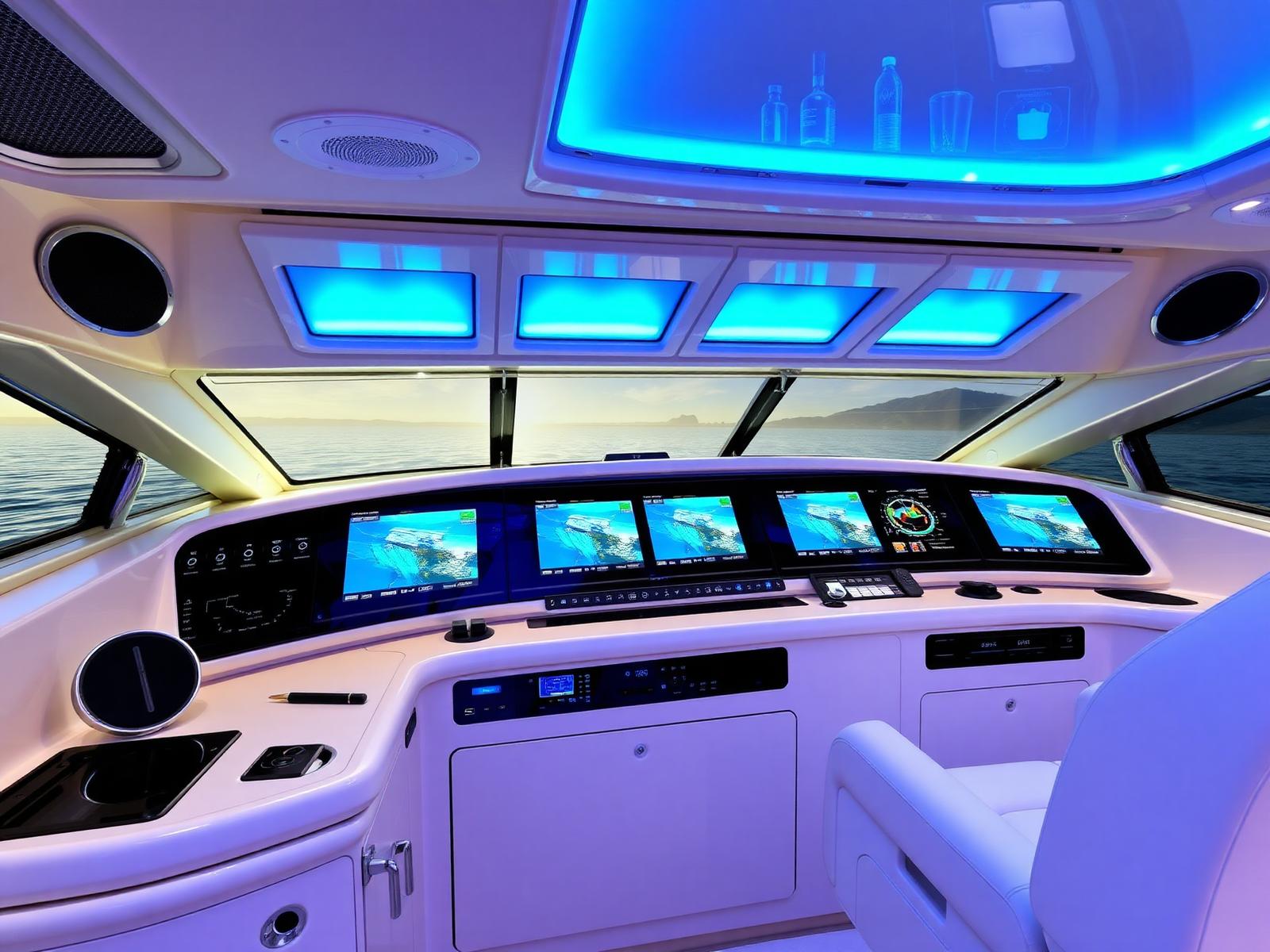 Modern yacht bridge with sleek AV electronics