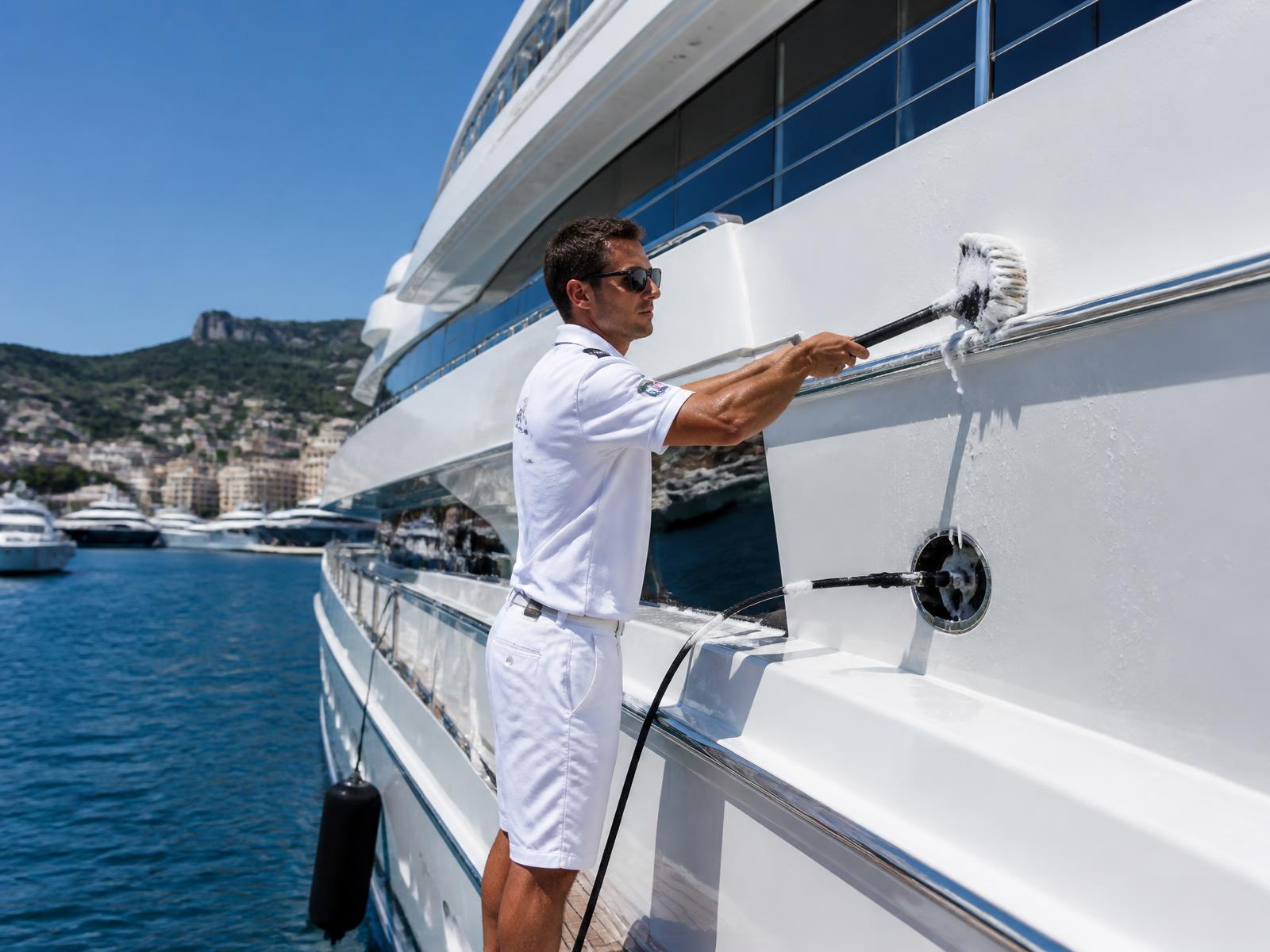 Crew member washing the topsides of a luxury motor yacht at a marina berth