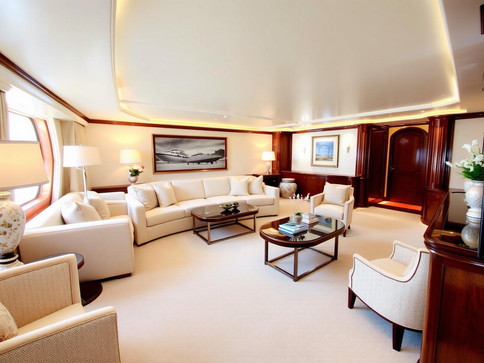 Interior of a luxury yacht salon with pristine cream carpet